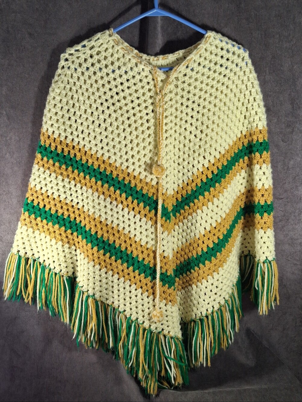 Vintage 70s Handmade Yellow Green Gold Chevron w/ Fringe Crocheted Poncho G OS